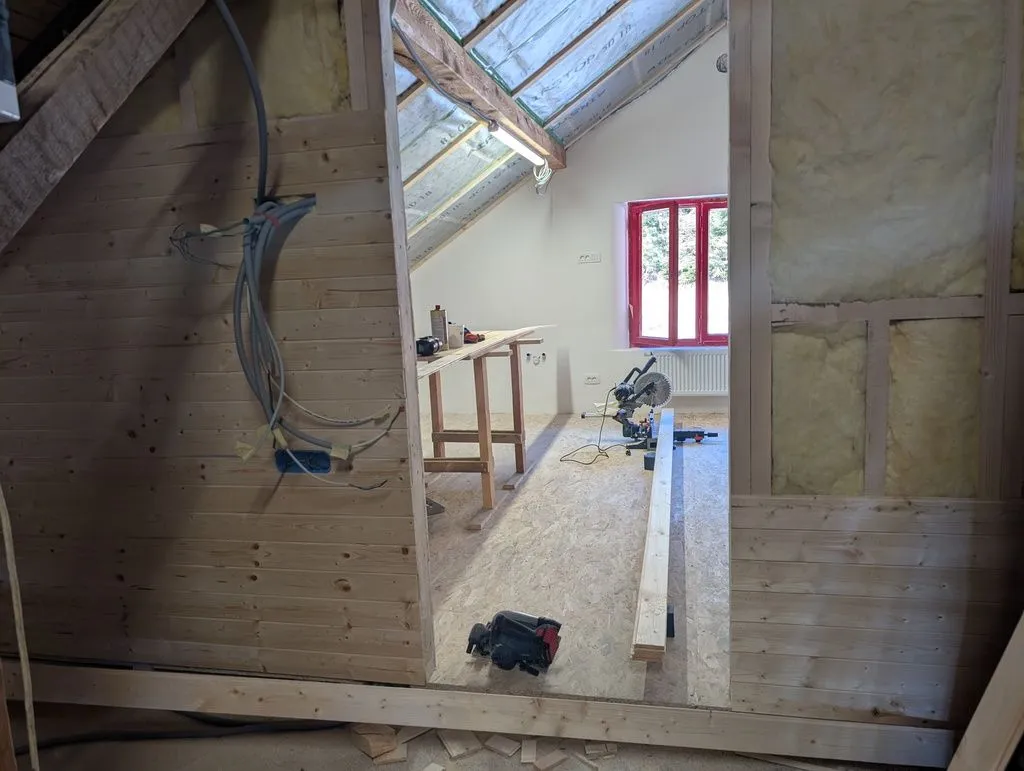 We used the same tongue and groove sheathing for the exterior of the main partition wall.