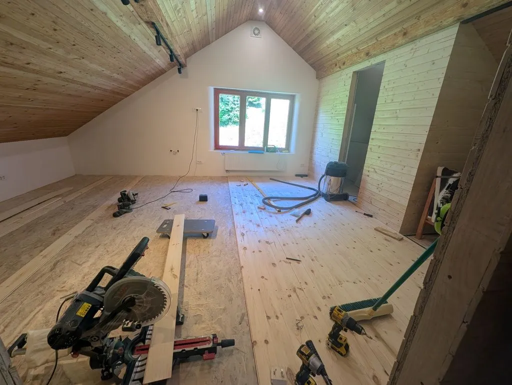 The installation in progress. The miter saw in the foreground was used to cut the boards to length.