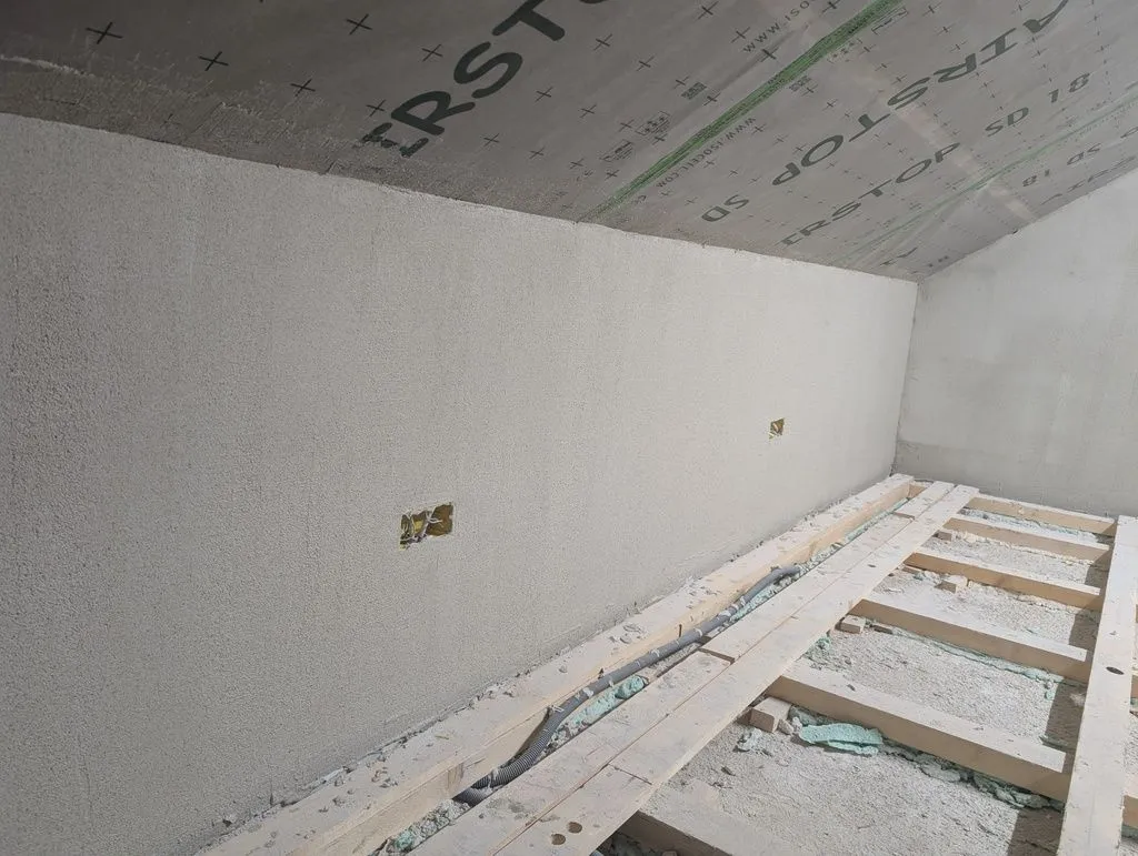 The finished south wall, which will later be painted.