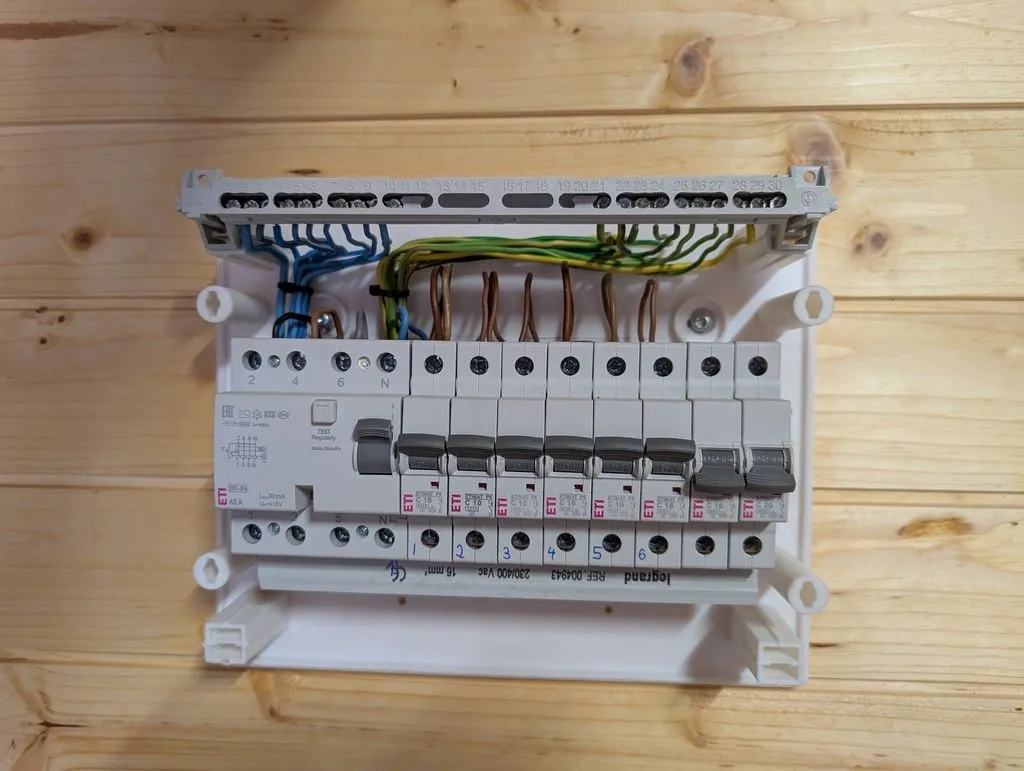 Wiring complete! The blue conductors at left are neutral, the green/yellow conductors are grounds, and the brown conductors coming out of the circuit breakers are live. The two breakers at right are unused extras for future use.