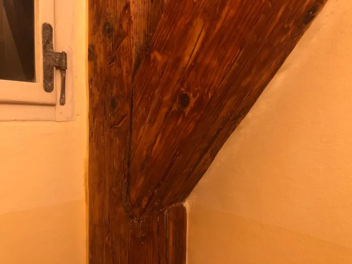 Close-up image of the timbers after oiling, showing deeper color and visible grain pattern.