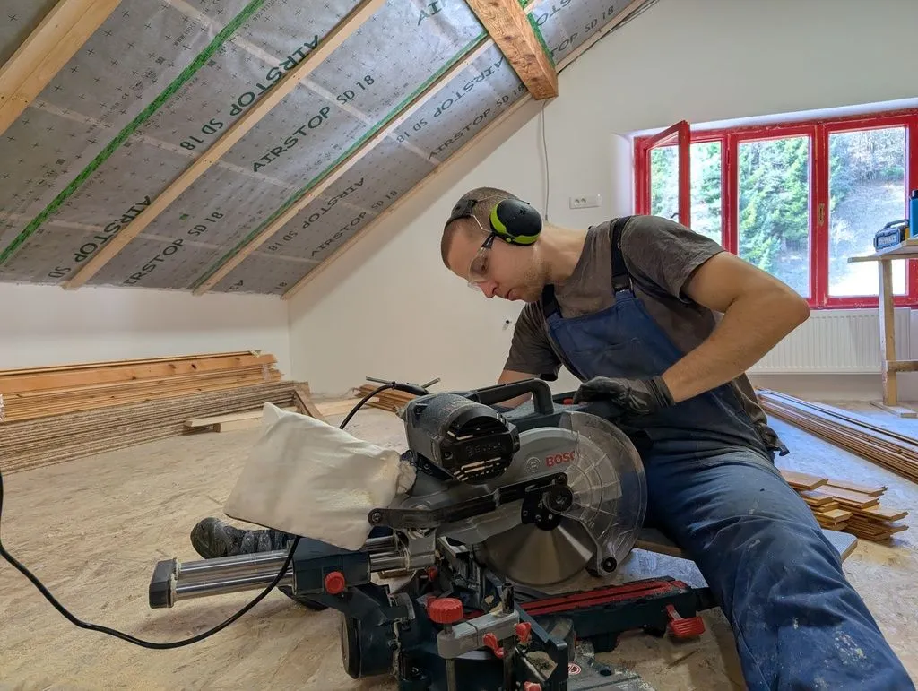 Cutting the boards to length on the miter saw.